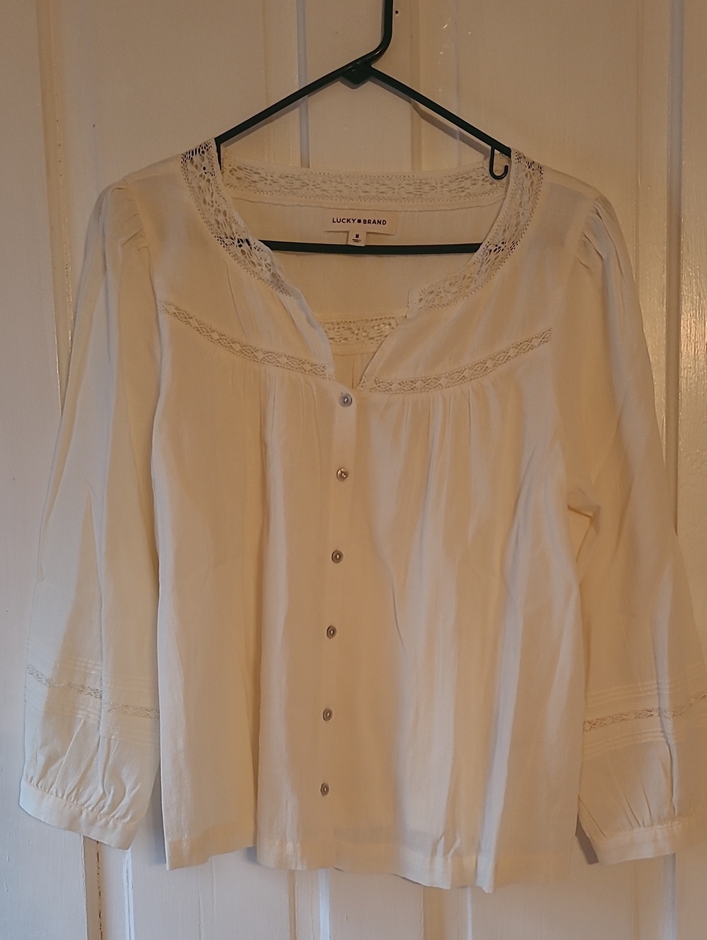 Lucky Brand Ivory Button-Front Lace Trim Blouse